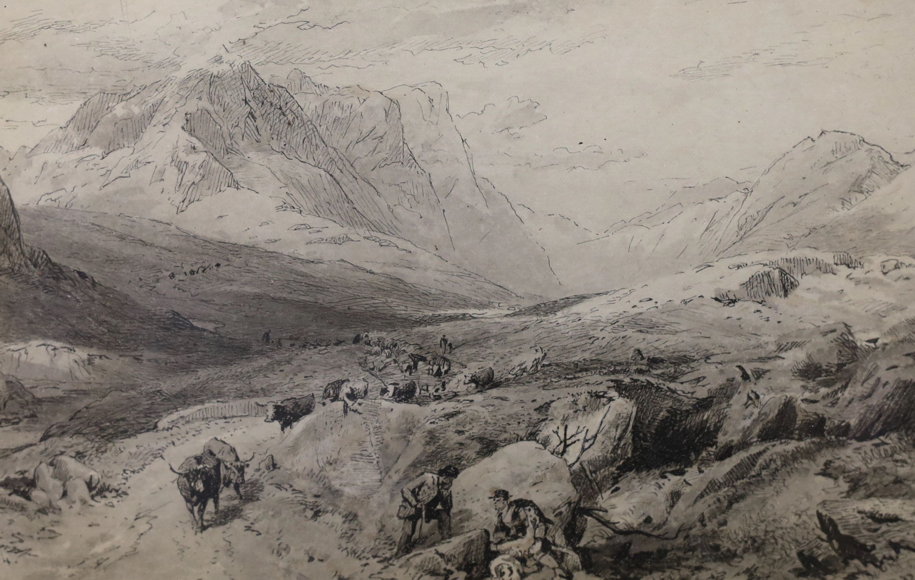 Thomas Miles Richardson (1813-1890), pair of ink and wash drawings, 'Etna from Taormina' and 'Glencoe from Ranoch Moor', initialled and dated 1884/85, 14 x 21cm